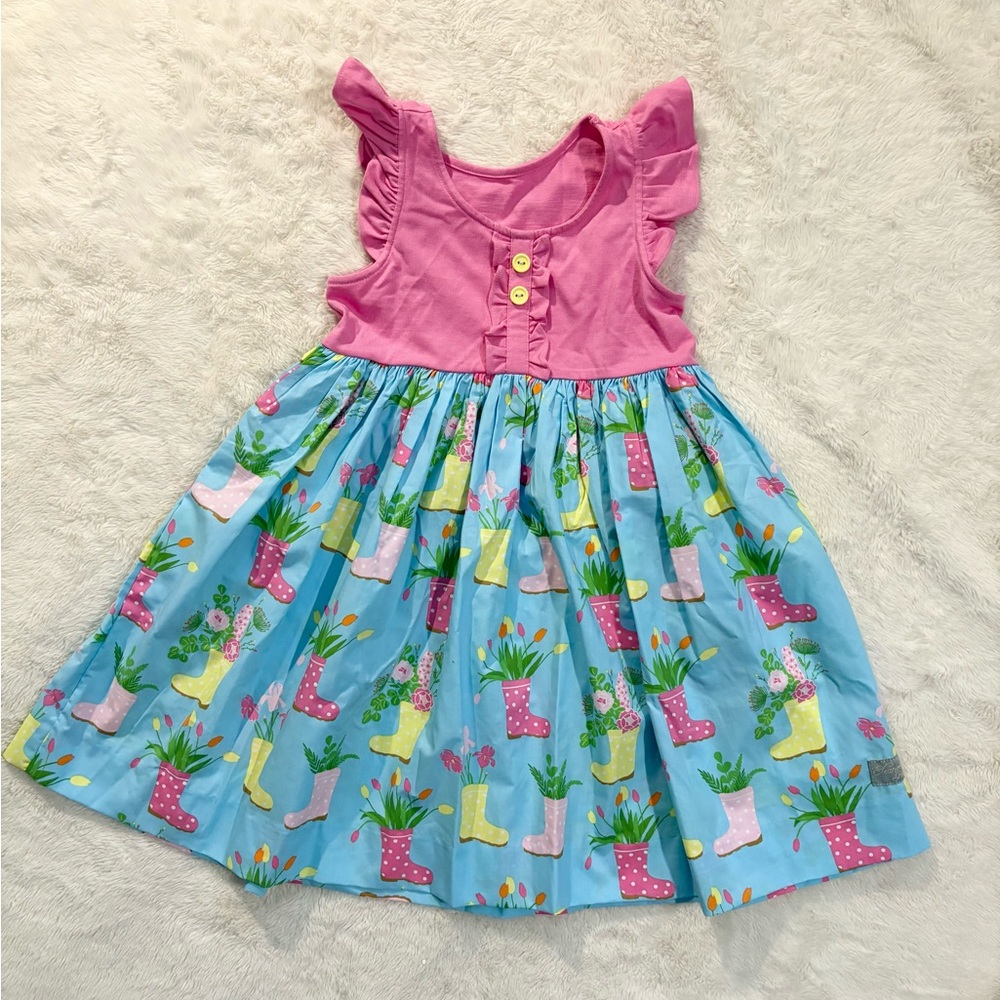 Pink and Blue Kids Dress with Floral Boot Print
